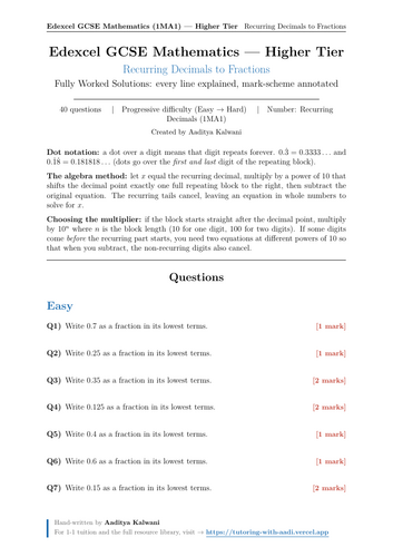 Recurring Decimals to Fractions | 40 Worked Examples | Edexcel GCSE Higher Maths