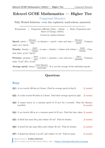 Compound Measures (Speed, Density, Pressure) | 40 Worked Examples | Edexcel GCSE Higher Maths