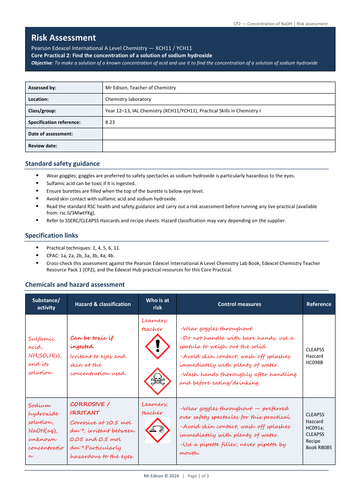 Core Practical 2 Risk Assessment : XCH11 Find the concentration of a solution of sodium hydroxide