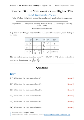 Exact Trigonometric Values | 40 Worked Examples | Edexcel GCSE Higher Maths