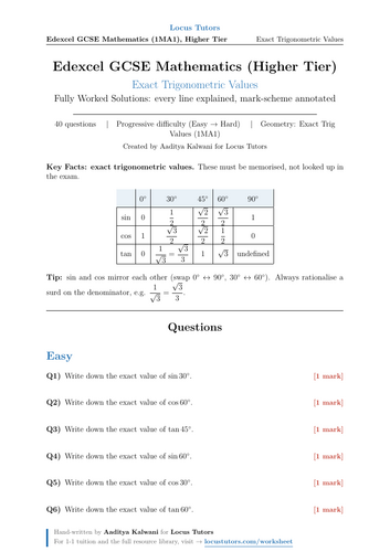Exact Trigonometric Values | 40 Worked Examples | Edexcel GCSE Higher Maths