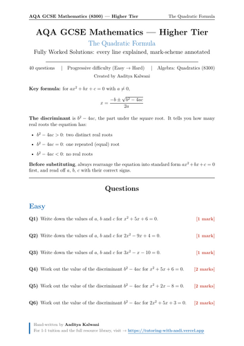 The Quadratic Formula | 40 Worked Examples | AQA GCSE Higher Maths