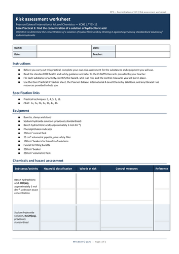 Risk Assessment Core Practical 3 XCH11 Finding the concentration of a solution of hydrochloric acid