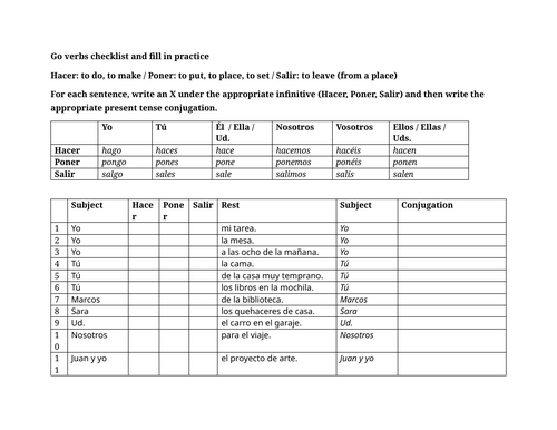 Go verbs checklist and fill in practice