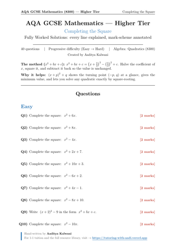 Completing the Square | 40 Worked Examples | AQA GCSE Higher Maths