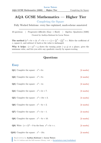 Completing the Square | 40 Worked Examples | AQA GCSE Higher Maths