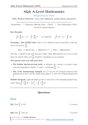 Integration by Parts | 40 Worked Examples | AQA A-Level Maths