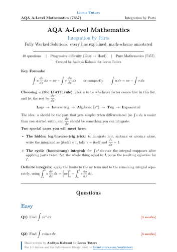 Integration by Parts | 40 Worked Examples | AQA A-Level Maths