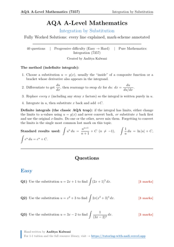 Integration by Substitution | 40 Worked Examples | AQA A-Level Maths
