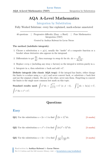 Integration by Substitution | 40 Worked Examples | AQA A-Level Maths