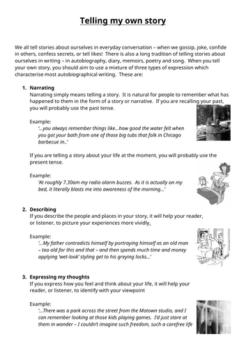 English - Autobiographical Essays – Handout about narrating, describing and expressing thoughts