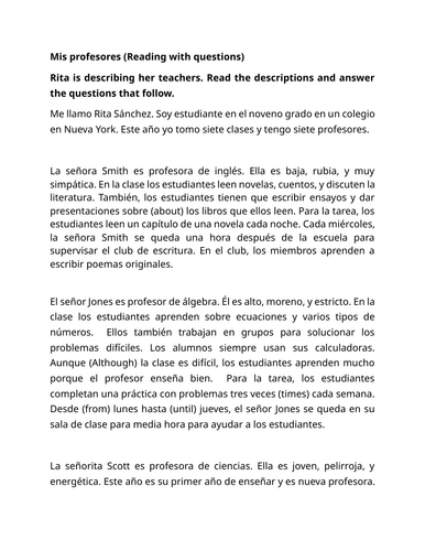 Mis profesores (Reading with questions)