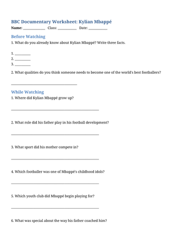World cup documentary worksheet and Kahoot - Mbappe on iplayer