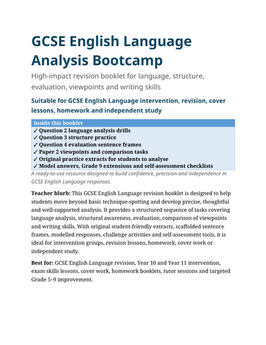 GCSE English Language Analysis Bootcamp | AQA Paper 1 & Paper 2 Revision Booklet