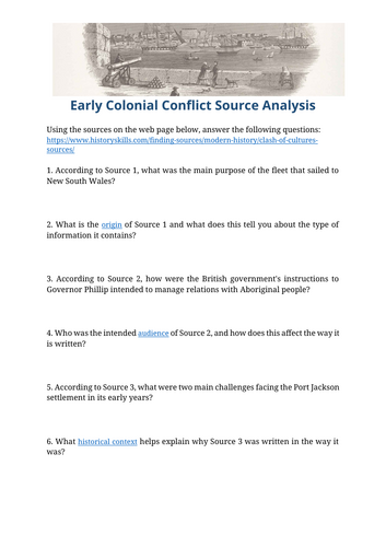 Early Colonial Conflict in Australia Source Analysis Worksheet