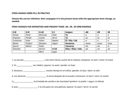 Stem change verbs fill in practice