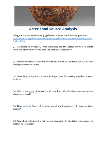 Aztec Food and Diet Source Analysis Worksheet