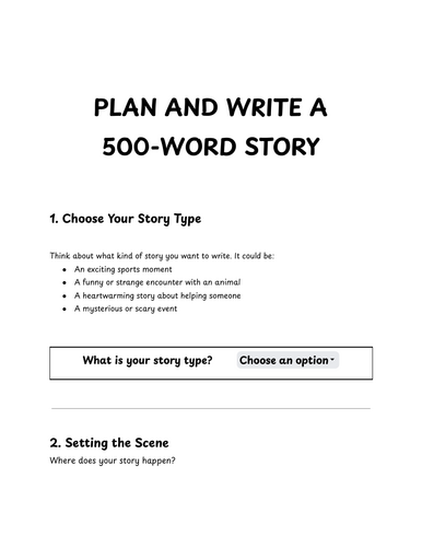 Plan a 500 Word Story - scaffolded planning sheet