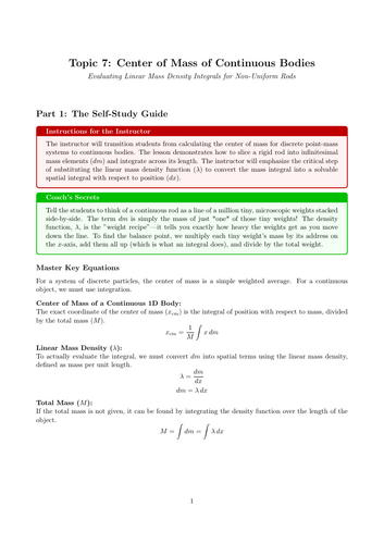 A-Level Physics Cover Work: Center of Mass of Continuous Bodies
