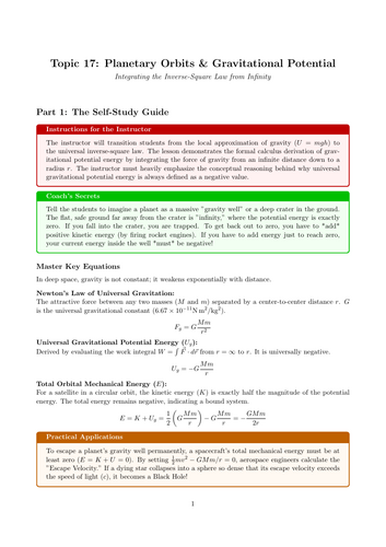 A-Level Physics Cover Work: Planetary Orbits & Gravitational Potential