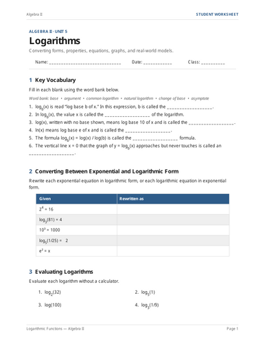 Algebra 2 Math: Logarithms Practice Set & Answer Key
