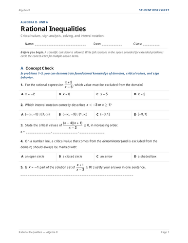Rational Inequalities Practice & Key