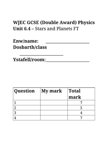 WJEC Physics Star, Planets and the Universe Lessons and Question Booklet