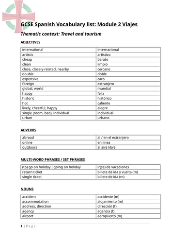M2 Viajes Vocabulary List & workbook