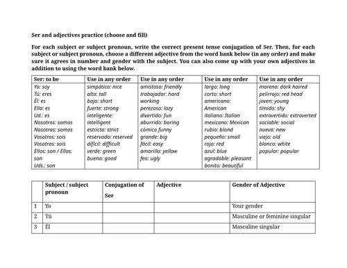 Ser and adjectives practice (choose and fill)