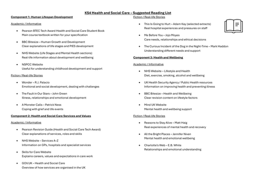 Reading List - Health and Social Care BTEC Level 1/2