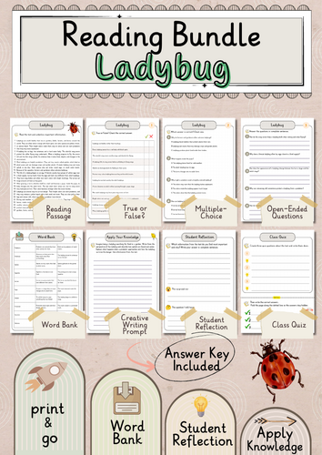 Ladybug Premium Reading Comprehension Activities Bundle with Word Bank