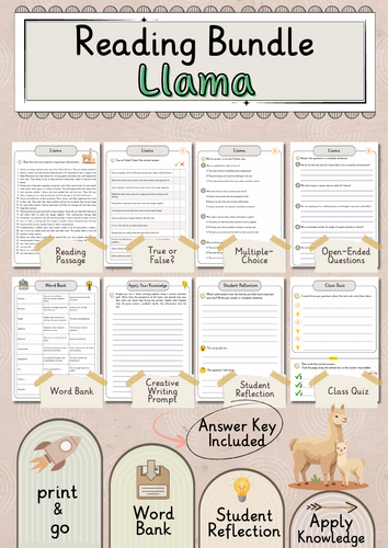 Llama Premium Reading Comprehension Activities Bundle with Word Bank