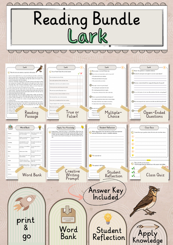Lark Premium Reading Comprehension Activities Bundle with Word Bank