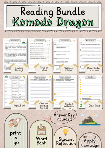 Komodo Dragon Premium Reading Comprehension Activies Bundle with Word Bank