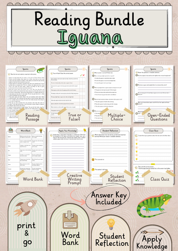 Iguana Premium Reading Comprehension Activities Bundle with Word Bank