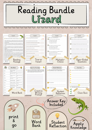 Lizard Premium Reading Comprehension Activities Bundle with Word Bank