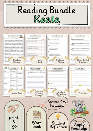 Koala Premium Reading Comprehension Activities Bundle with Word Bank