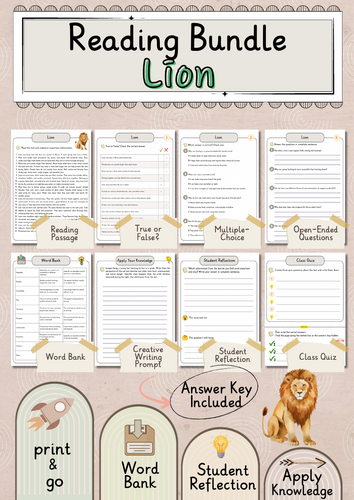 Lion Premium Reading Comprehension Activities Bundle with Word Bank
