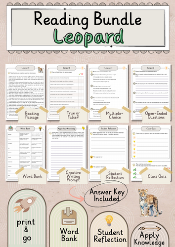 Leopard Premium Reading Comprehension Activities Bundle with Word Bank