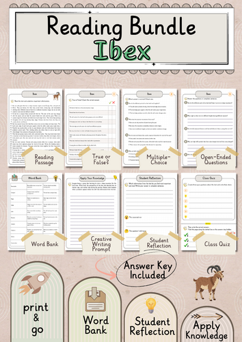 Ibex Premium Reading Comprehension Activities Bundle with Word Bank