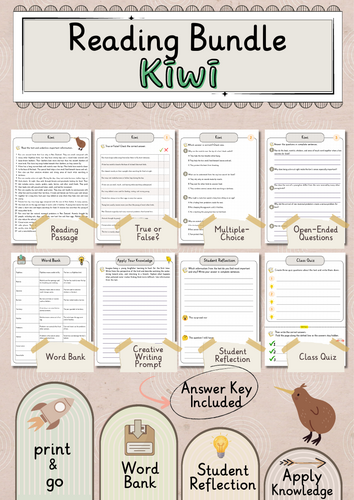 Kiwi Premium Reading Comprehension Activities Bundle with Word Bank