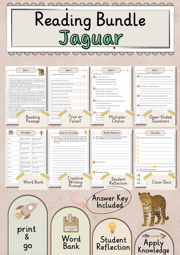 Jaguar Premium Reading Comprehension Activities Bundle with Word Bank