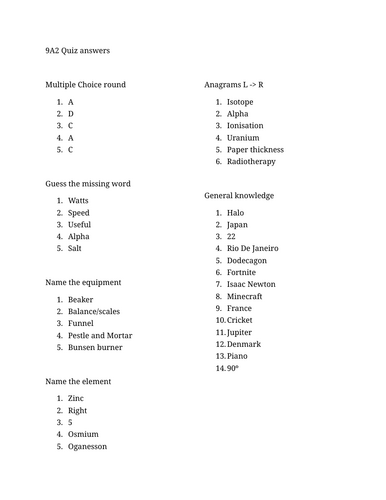 Year 9 (early KS4) Quiz