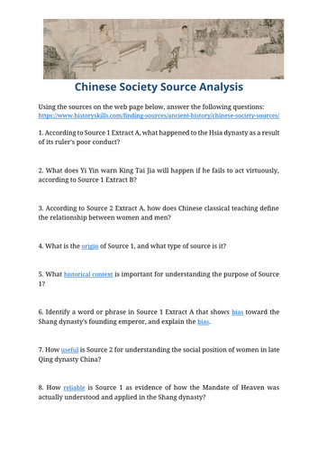 Ancient Chinese Society Source Analysis Worksheet
