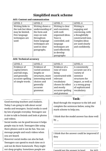 Simplified mark scheme and LA model