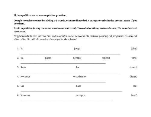El tiempo libre sentence completion practice