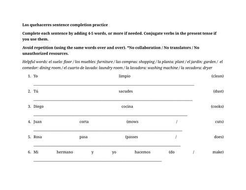 Los quehaceres sentence completion practice