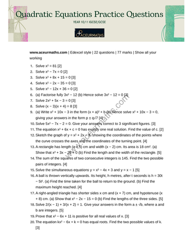 Quadratic Equations - IGCSE/GCSE Practice Questions with Answers