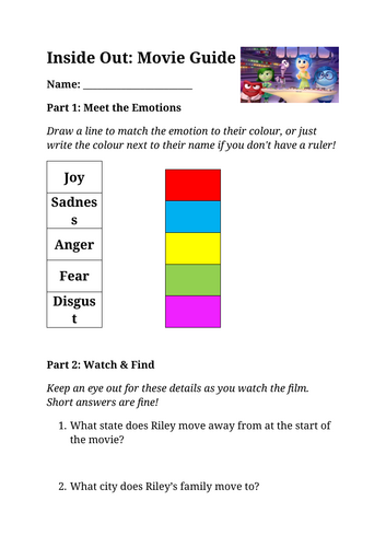Inside Out 2015 - Movie Guide Worksheet