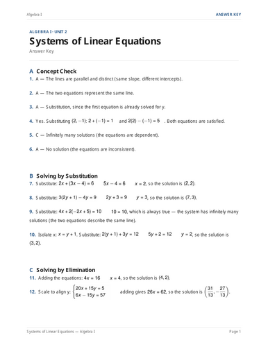 Systems of Linear Equations Practice & Key